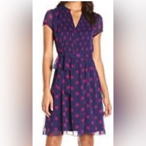 Chiasso Short Sleeve Fit & Flare Dress in Navy & Pink Dot - Size 16 - Picture 2 of 6